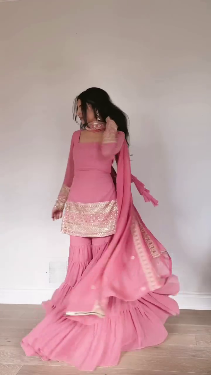 Blush Pink Gotta‑Embroidered Short Kurta with Flared Layered Sharara Pants and Matching Dupatta Festive Suit Set” 🌸 - Image 2