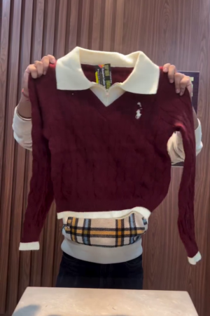 Maroon Cable‑Knit V‑Neck Sweater with Contrast Ivory Shirt‑Style Collar and Checked Hem Panel for Youth Winter Fashion” 🍷