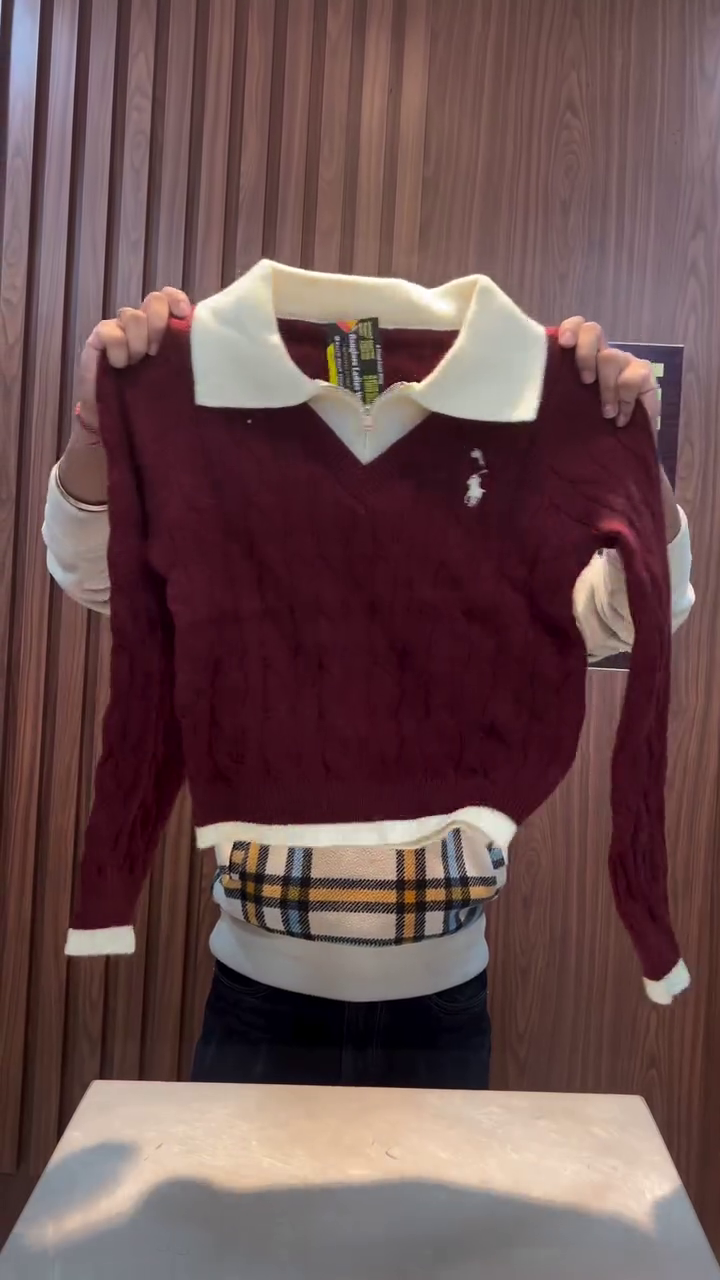 Maroon Cable‑Knit V‑Neck Sweater with Contrast Ivory Shirt‑Style Collar and Checked Hem Panel for Youth Winter Fashion” 🍷