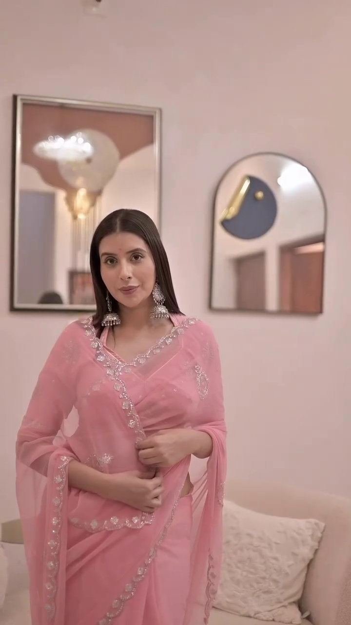 “Soft Baby Pink Sheer Embroidered Saree with Matching Blouse and Delicate Border for Festive & Wedding Functions” 🌸 - Image 4