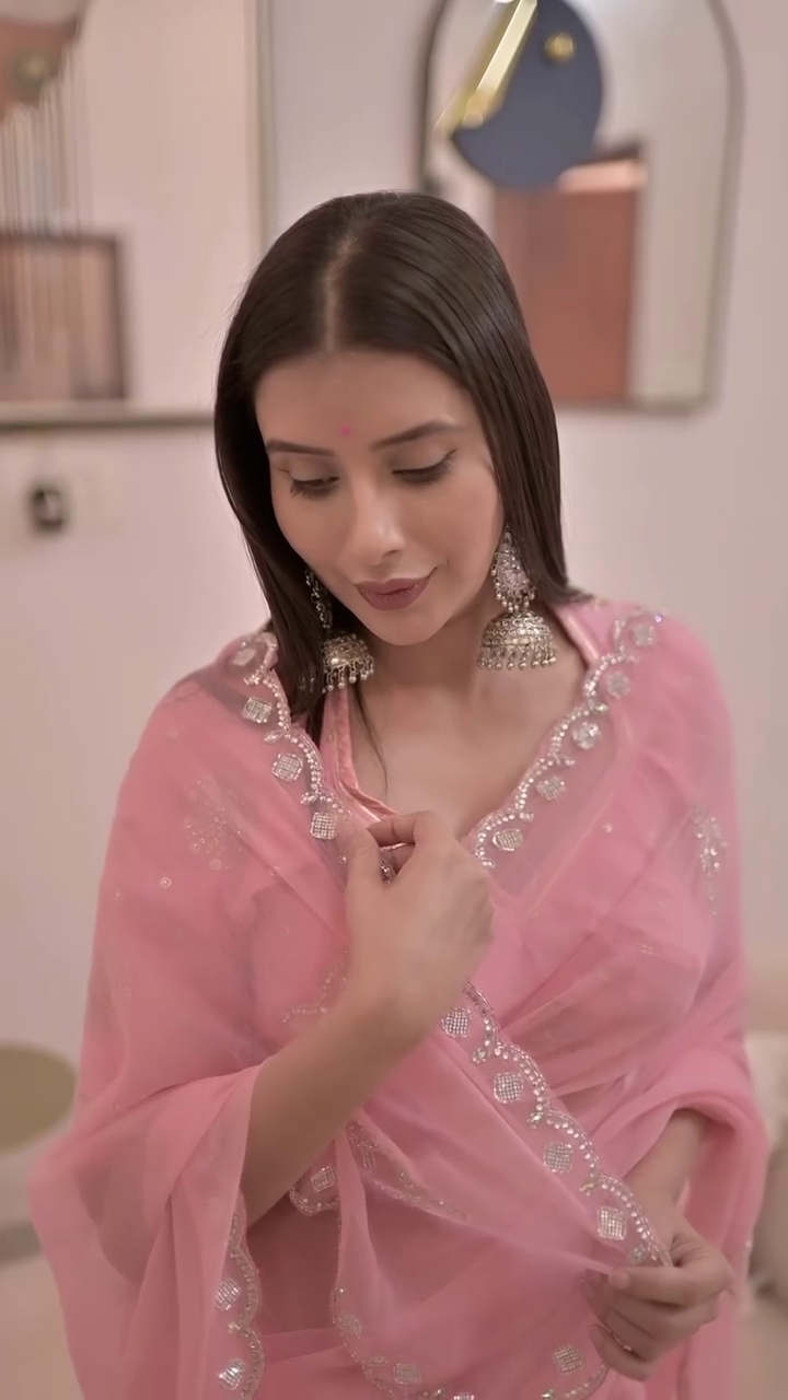 “Soft Baby Pink Sheer Embroidered Saree with Matching Blouse and Delicate Border for Festive & Wedding Functions” 🌸 - Image 3