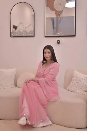 “Soft Baby Pink Sheer Embroidered Saree with Matching Blouse and Delicate Border for Festive & Wedding Functions” 🌸