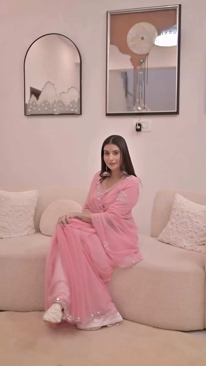 “Soft Baby Pink Sheer Embroidered Saree with Matching Blouse and Delicate Border for Festive & Wedding Functions” 🌸