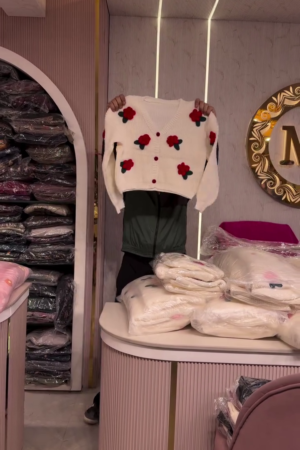 Cream Soft‑Knit Cropped Cardigan Sweater with 3D Red Floral Appliqué and Front Button Closure for Cute Winter Outfits” 🌼