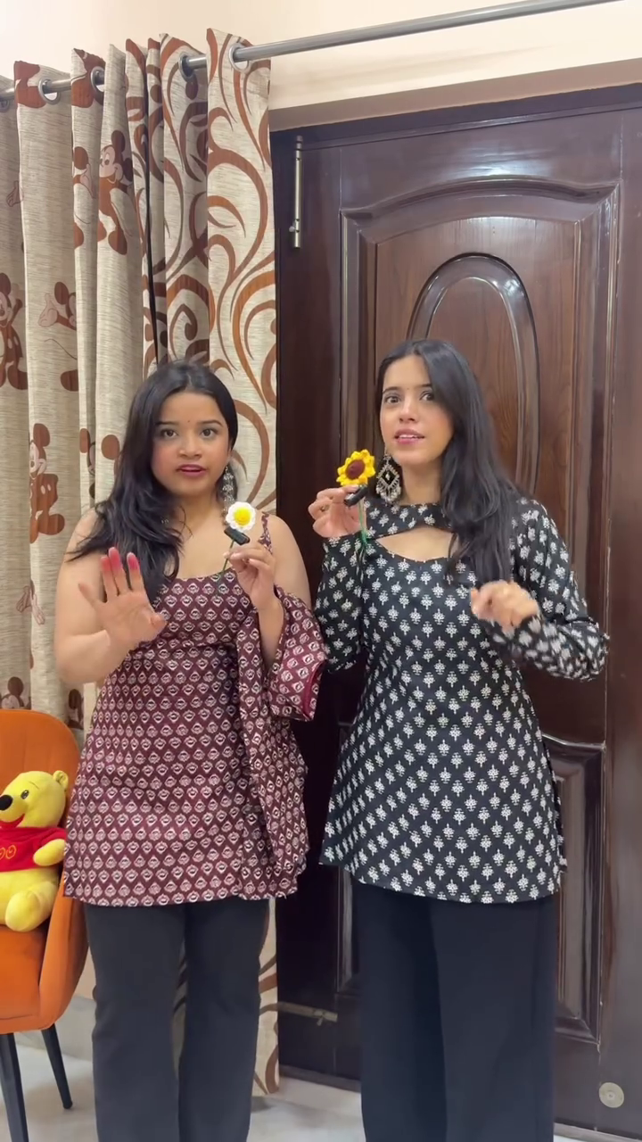 Dual‑Tone Printed Fit‑and‑Flare Kurti Tops with Stylish Necklines Paired with Solid Straight Pants Best‑Friend Outfit Set” 🤎🖤 - Image 3