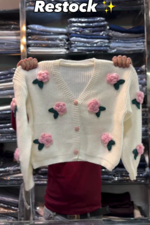 Cream Chunky‑Knit Cropped Cardigan with 3D Red Rose Appliqué and Contrast Buttons for Cute Winter Looks” 