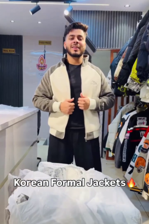 Beige & Grey Korean‑Style Formal Bomber Jacket with Contrast Ribbed Sleeves and High Collar for Men” 🤍