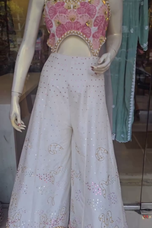 Ivory Embellished Cut‑Out Crop‑Top with High‑Waist Wide‑Leg Palazzo Trousers Indo‑Western Party Set” 🤍