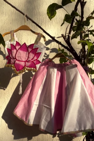 Pink & White Lotus‑Motif Embroidered Blouse with Flared Panel Lehenga Traditional Festive Set for Girls & Women” 🌸