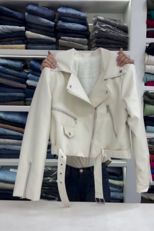 Ivory Faux‑Leather Belted Moto Jacket with Asymmetric Zip, Lapel Collar and Zip‑Detail Sleeves for Women” 🤍