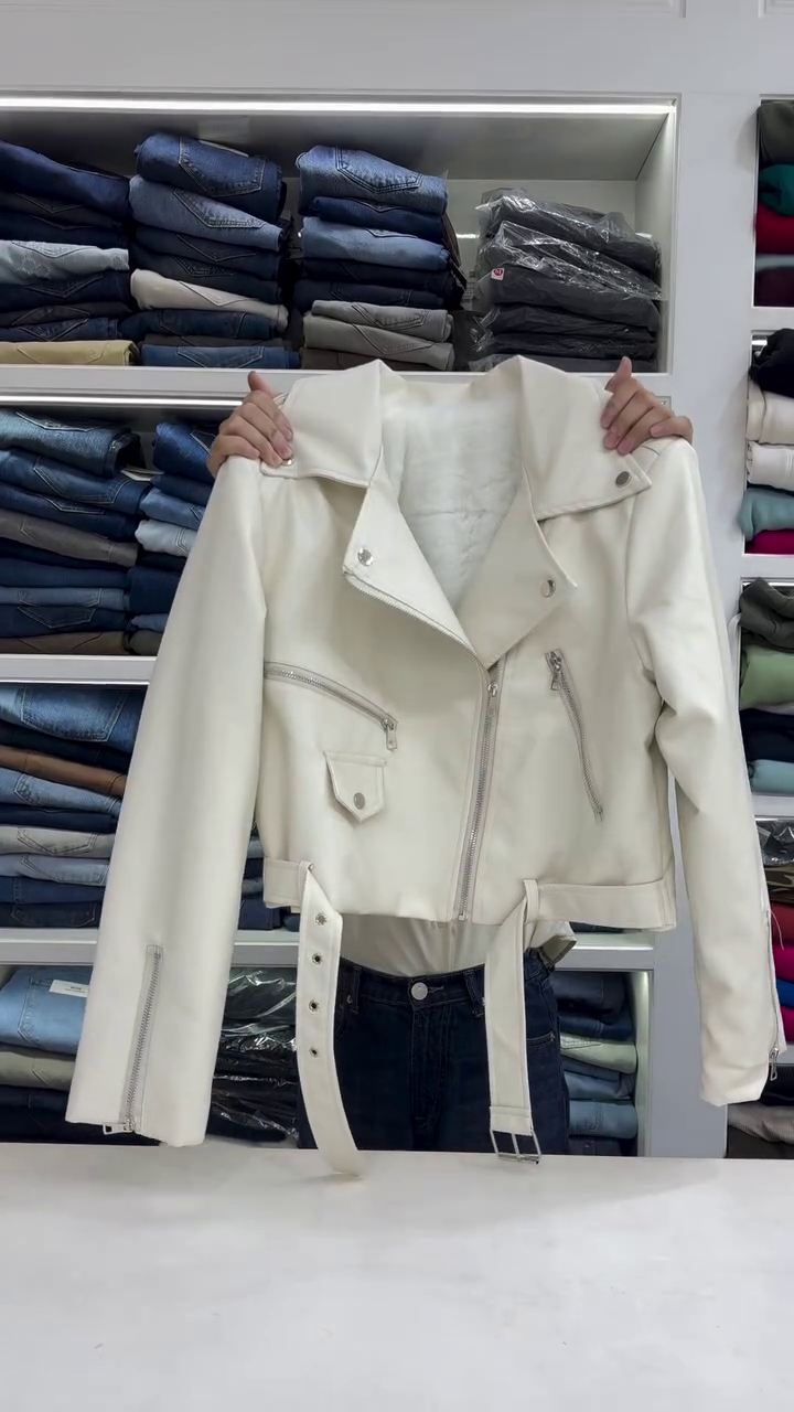 Ivory Faux‑Leather Belted Moto Jacket with Asymmetric Zip, Lapel Collar and Zip‑Detail Sleeves for Women” 🤍