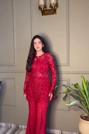 Deep Red All‑Over Embellished Long Straight Kurta with Matching Flared Sharara Pants Festive & Wedding Suit Set” ❤️