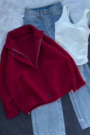 Red Cozy Button‑Front Winter Jacket with White Ribbed Tank Top and Light‑Wash Wide‑Leg Ripped Jeans Casual Outfit Set” ❤️