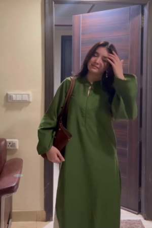 Olive Green Solid Long Straight Kurta Dress with Minimal Neck Slit and Full Sleeves for Everyday & Office Wear” 🌿