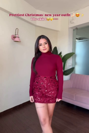 Wine Red High‑Neck Full‑Sleeve Knit Top with Matching Sequin Embellished Mini Skirt Co‑ord Set for Christmas & New Year Parties” 🍷