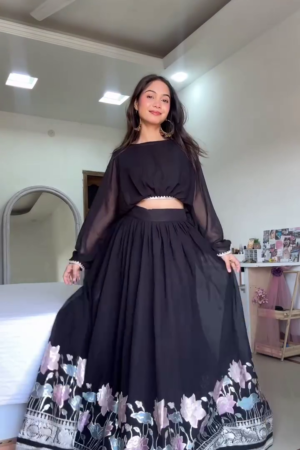 Black Flowing Lehenga with Multicolor Floral Border and Sheer Full‑Sleeve Crop Blouse Festive Indo‑Western Set” 🖤