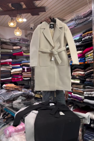 Cream Longline Belted Overcoat with Notch Lapel Collar, Patch Pockets and Tie‑Up Waist for Elegant Winter Layering” 🤍