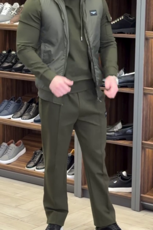 Olive Green Athleisure Co‑ord with Slim Hoodie, Sleeveless Puffer Vest and Tailored Jogger‑Style Trousers for Men” 🟩