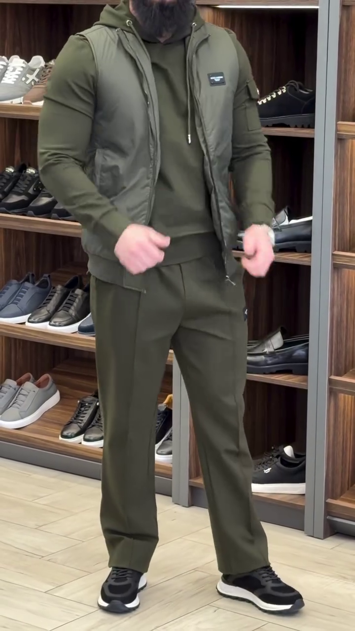 Olive Green Athleisure Co‑ord with Slim Hoodie, Sleeveless Puffer Vest and Tailored Jogger‑Style Trousers for Men” 🟩