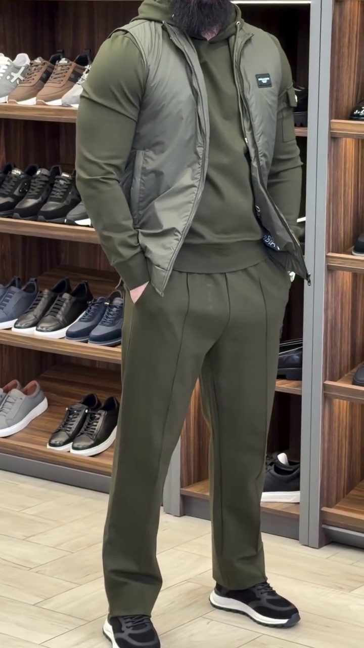 Olive Green Athleisure Co‑ord with Slim Hoodie, Sleeveless Puffer Vest and Tailored Jogger‑Style Trousers for Men” 🟩 - Image 3