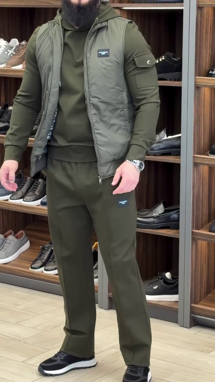Olive Green Athleisure Co‑ord with Slim Hoodie, Sleeveless Puffer Vest and Tailored Jogger‑Style Trousers for Men” 🟩 - Image 2