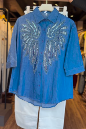 "Statement Rhinestone Angel Wings Shirt – Denim Blue"