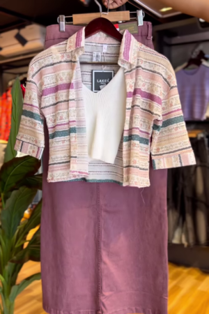 Boho Blend – Textured Crop Shirt & Mauve Skirt Set