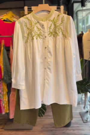 Olive Grove Ease – Embroidered Cotton Shirt & Pants Set