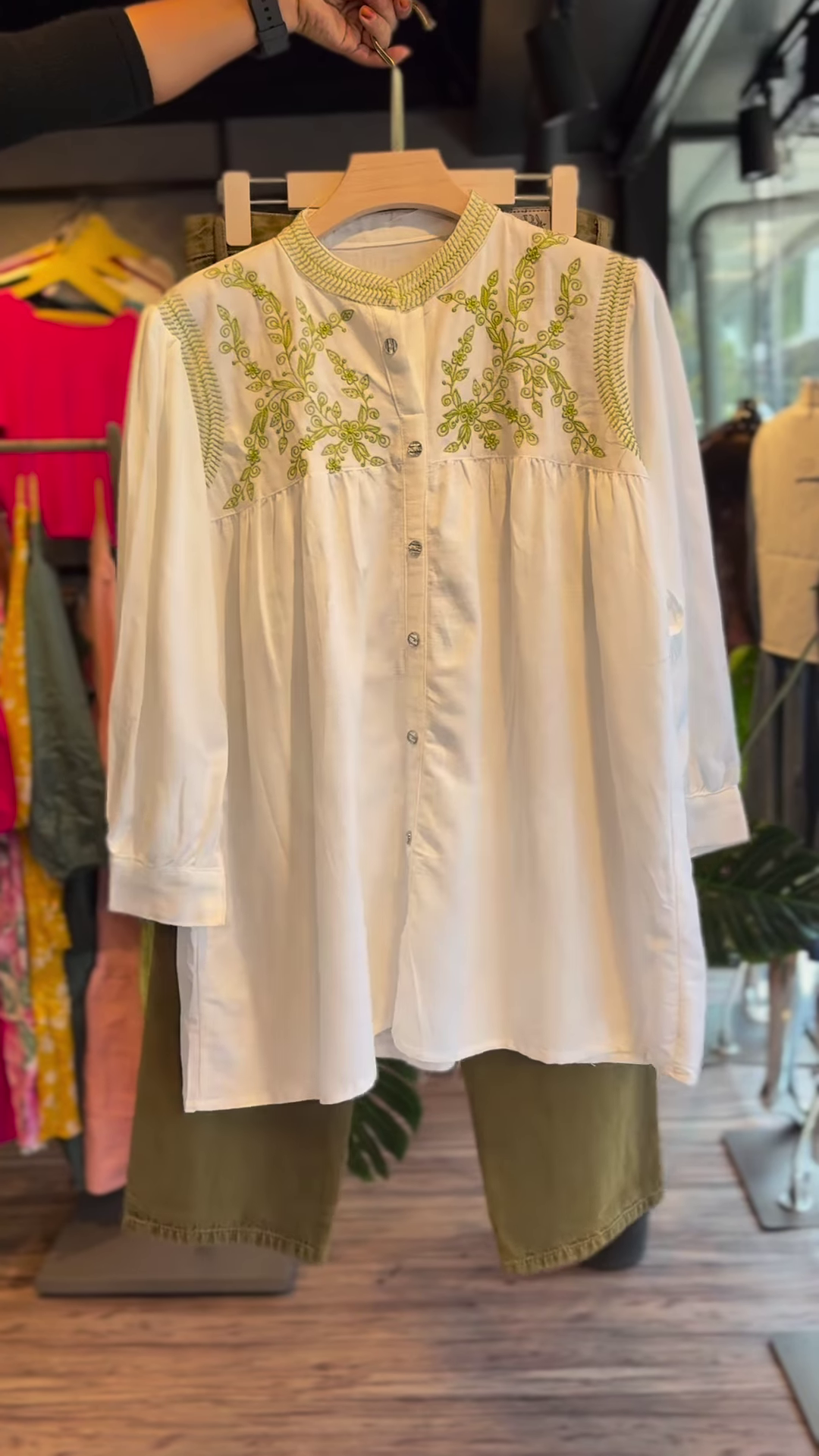 Olive Grove Ease – Embroidered Cotton Shirt & Pants Set
