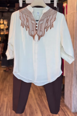 Earth & Edge – Ivory Embroidered Shirt with Coffee Brown Pants Set