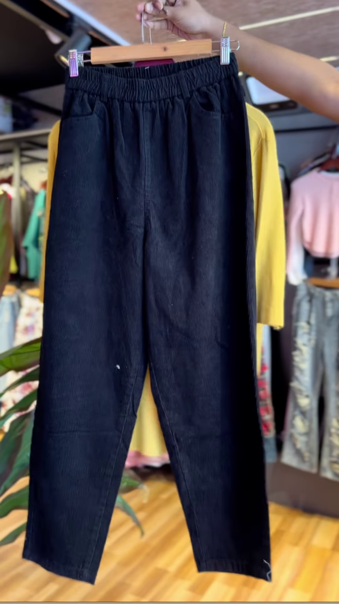 Golden Bloom – Mustard Polo Tee with Hand-Painted Floral Accent & Black Pants - Image 2