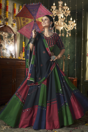 Multi Color Thread Mirror Embellished Maslin Cotton Lehenga Set
