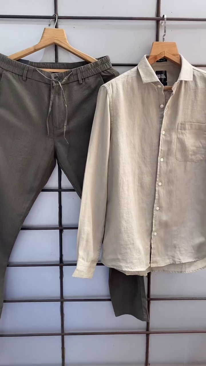 Premium Pure Linen Shirt & Comfort-Fit Drawstring Trouser Set for Men – Elegant Pastel Green Shirt with Classic Beige Pants | Breathable Summer Outfit | Casual & Semi-Formal Wear - Image 2