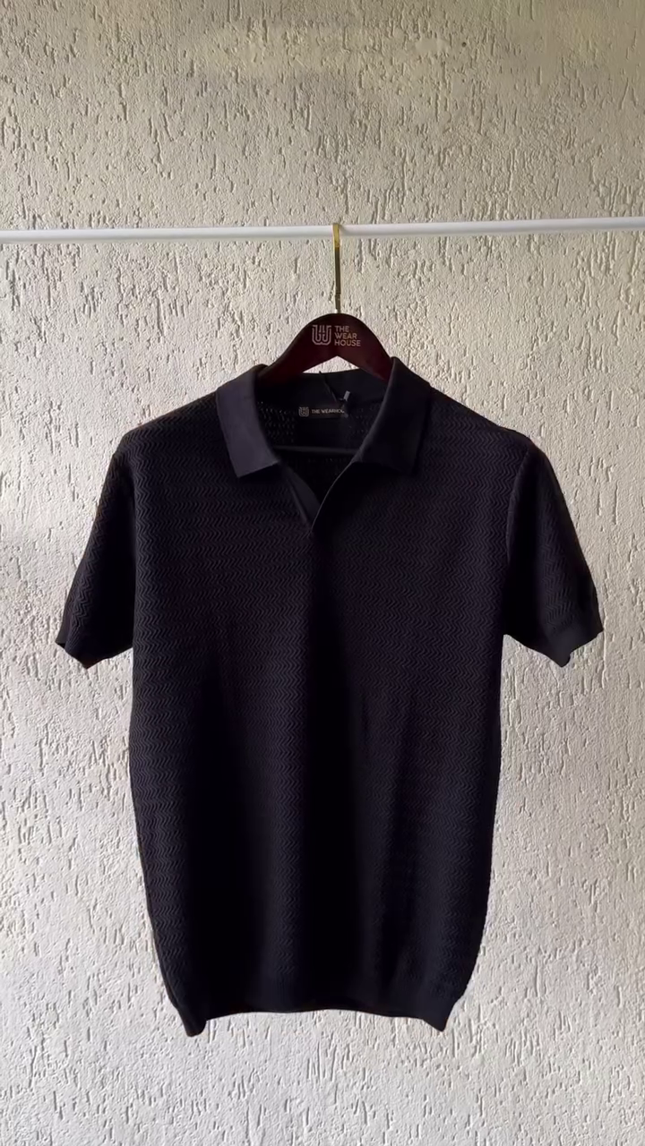 Monochrome Charm – Textured Grey Knit Collar Polo with Crisp White Drawstring Cotton Pants for Men - Image 4