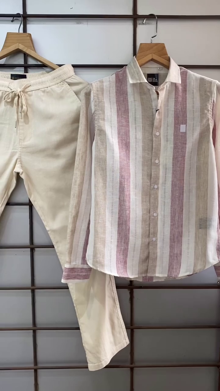 π€π€ Earth Tone Elegance β Multi-Stripe Linen Blend Shirt with Stretchable Brown Tapered Jogger Pants for Men - Image 3