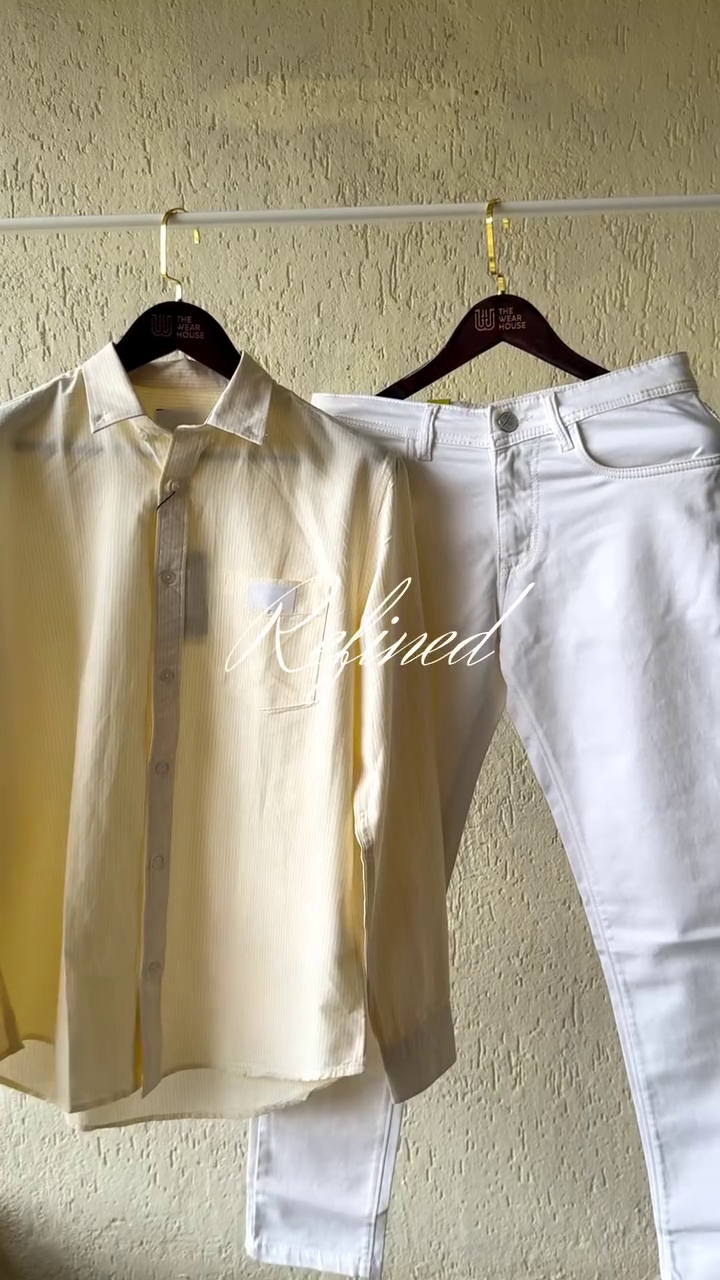Refined Pastel Yellow Striped Shirt with Classic White Slim-Fit Jeans – Smart Casual Outfit