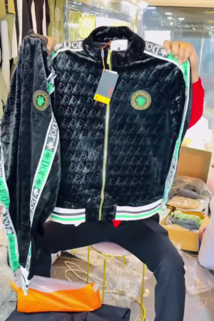 🖤 Black Embossed Velour Track Set with Signature Stripe Trim – Modern Athleisure Co-ord (Jacket & Pant)