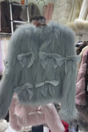 🦋 Luxe Powder Blue Faux Fur Jacket with Bow Embellishments – Statement Winter Glam Piece