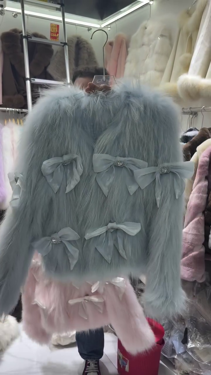 π¦ Luxe Powder Blue Faux Fur Jacket with Bow Embellishments β Statement Winter Glam Piece