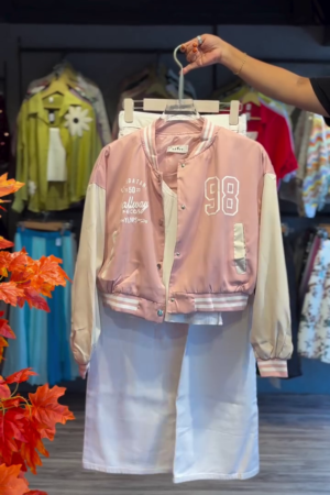 🌸 Powder Pink & Cream Varsity Jacket with Wide-Leg White Shorts – Youthful Pastel Streetwear Set
