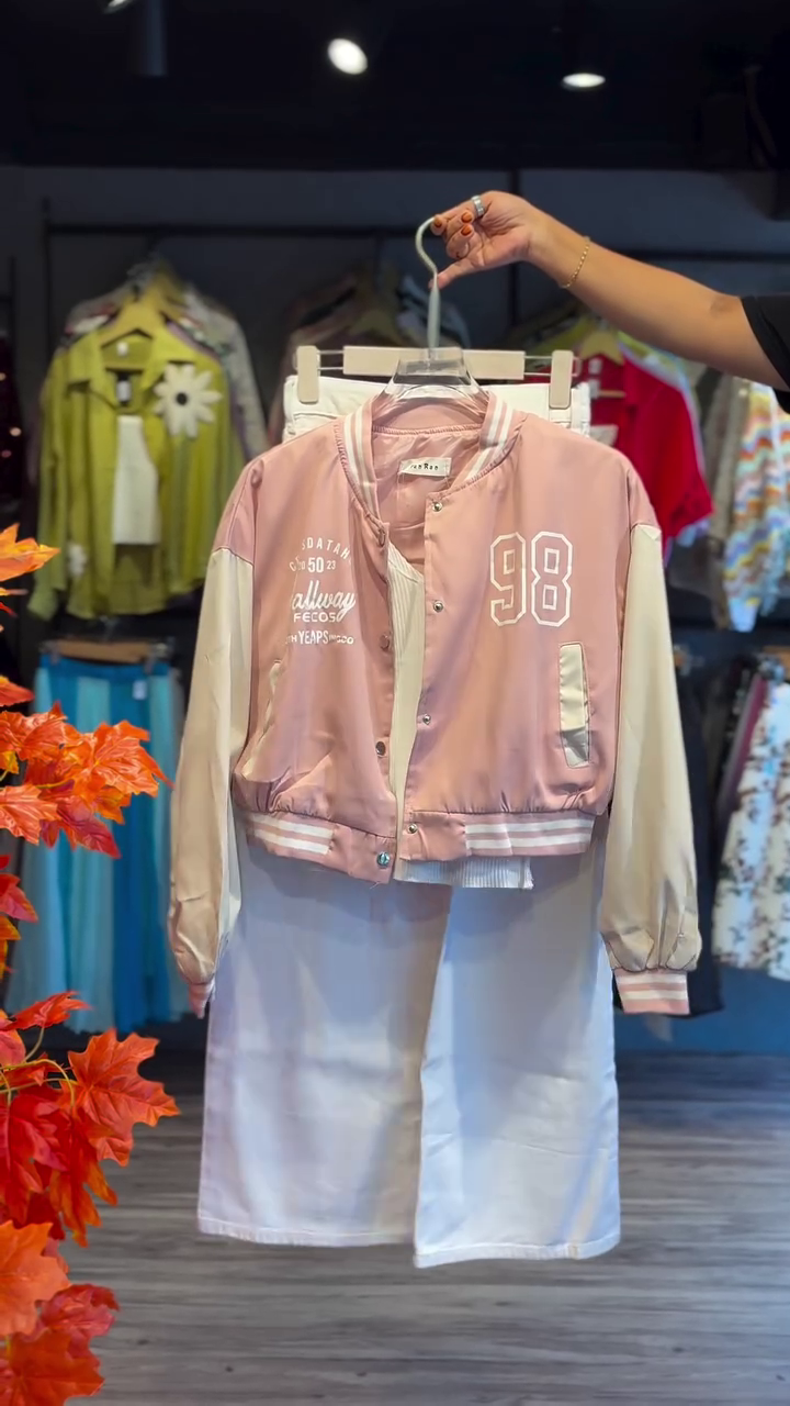๐ธ Powder Pink & Cream Varsity Jacket with Wide-Leg White Shorts โ Youthful Pastel Streetwear Set