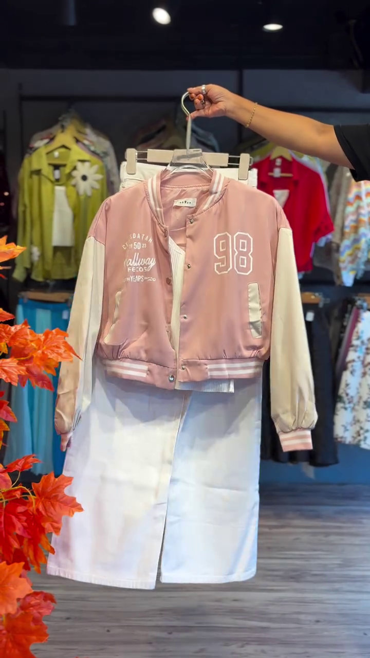 ๐ธ Powder Pink & Cream Varsity Jacket with Wide-Leg White Shorts โ Youthful Pastel Streetwear Set - Image 2