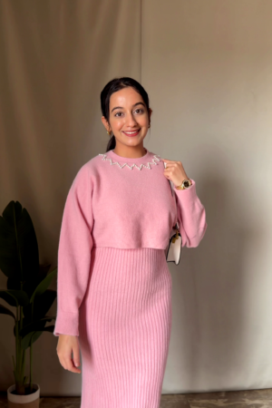 💖 Blush Pink Pearl Embellished Crop Sweater & Ribbed Midi Skirt Set – Chic Winter Co-ord