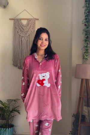 🧸 Adorable Bear Print Buttoned Pink Velvet Pajama Co-ord Set – Ultra-Soft Winter Nightwear