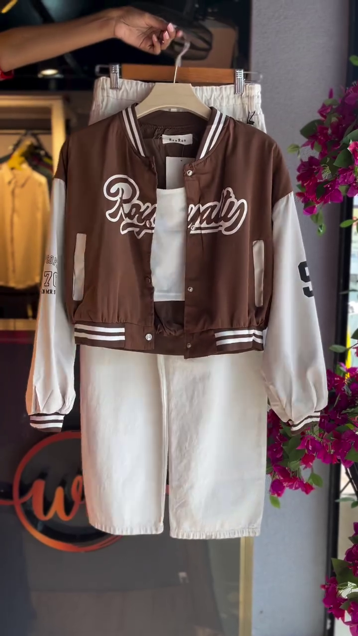 ๐ค Retro "Royalty" Brown Varsity Bomber Jacket with Ivory Sleeves and White Denim Shorts โ Effortlessly Cool Streetwear Co-ord Set - Image 3