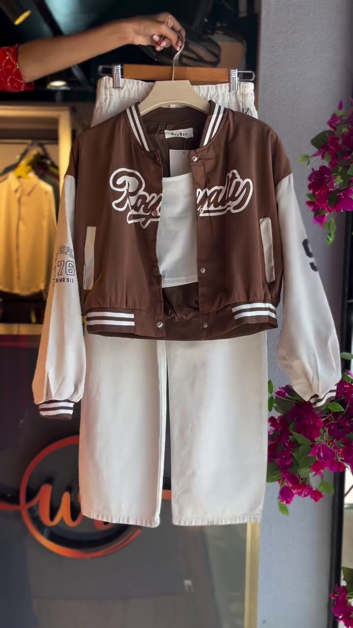 ๐ค Retro "Royalty" Brown Varsity Bomber Jacket with Ivory Sleeves and White Denim Shorts โ Effortlessly Cool Streetwear Co-ord Set