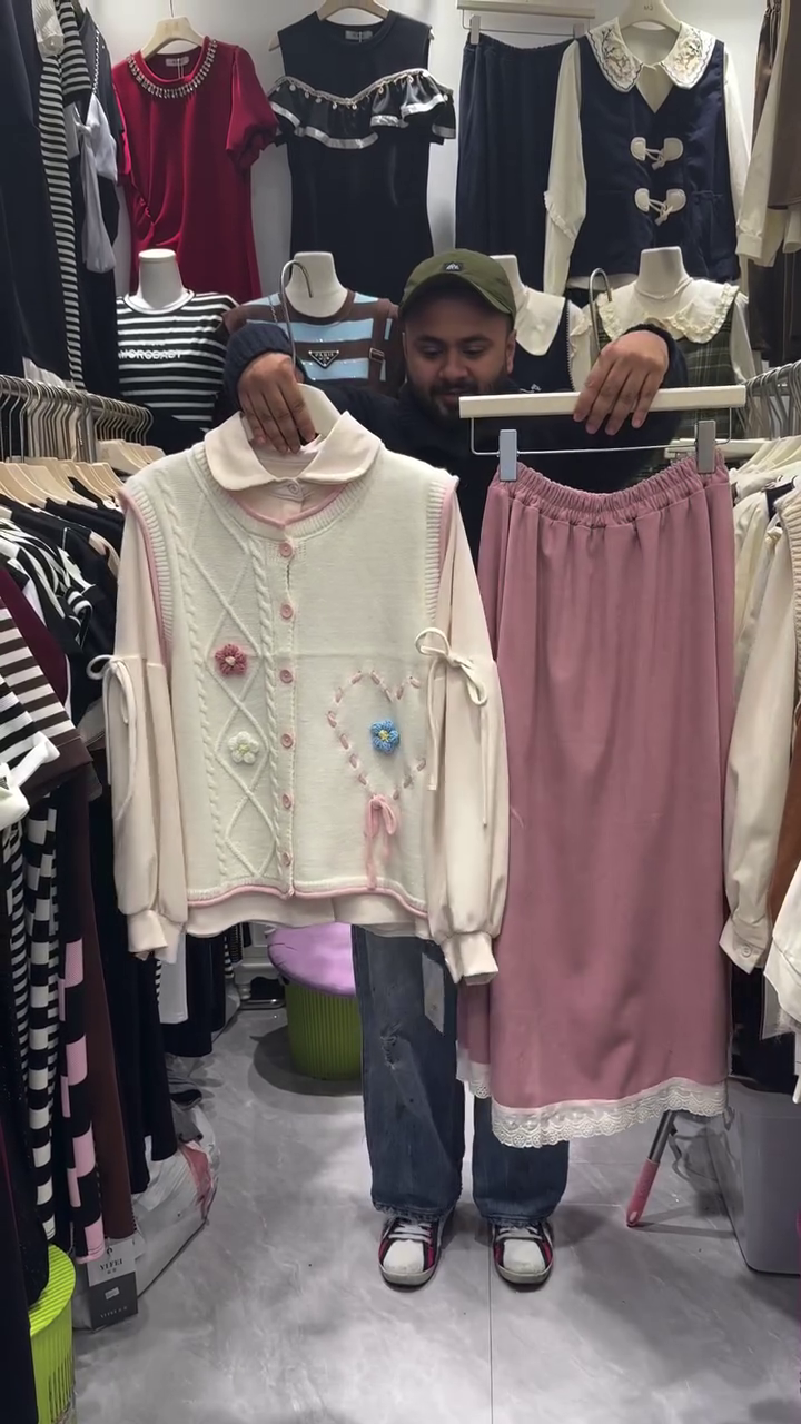 π¦ Ivory Peter Pan Collar Buttoned Cardigan & Blush Pink Lace Trim Maxi Skirt β Vintage Soft-Girl Korean Co-ord Set