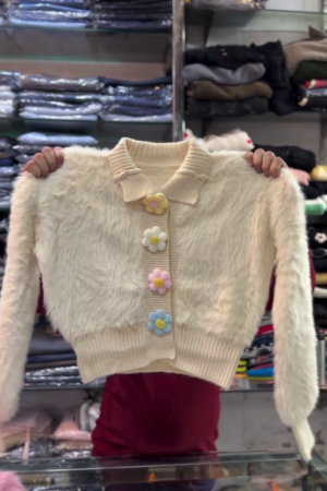🧁 Cream Collared Fuzzy Knit Cardigan with Colorful Daisy Buttons – Cheerful All-Season Statement Layer