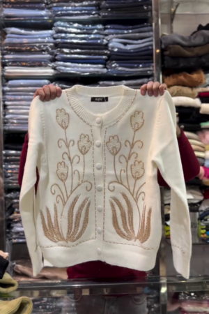 🌾Ivory Elegance Embroidered Pearl-Button Cardigan with Ornate Floral & Wheat Motif Detailing🌾