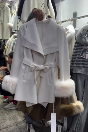 ❄️Winter Luxe White Faux Fur Cuff Belted Coat With Elegant Drape Collar & Soft-Touch Warmth❄️